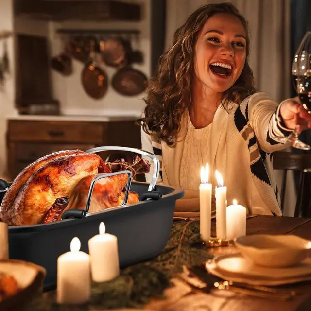 Alt view image 7 of 7 - Roasting Pan, 17 Inch x 13 Inch Roaster with Removable Rack, Nonstick Roaster Pan for Roasting Turkey, Meat & Vegetables (Silver)