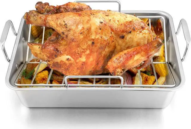 Main image of LIANYU 14 Inch Roasting Pan, Turkey Roaster with 2 Racks, Heavy Duty Stainless Steel Deep Broiling Lasagna Pan for Turkey, Chicken, Dishwasher Safe