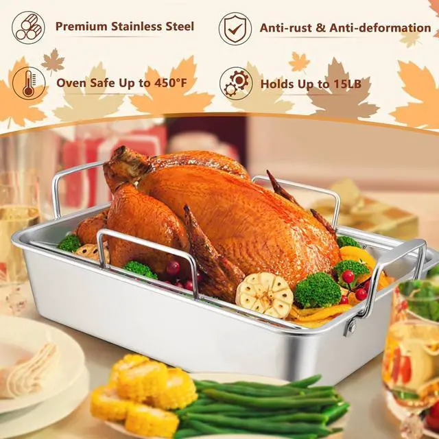 Alt view image 3 of 7 - LIANYU 14 Inch Roasting Pan, Turkey Roaster with 2 Racks, Heavy Duty Stainless Steel Deep Broiling Lasagna Pan for Turkey, Chicken, Dishwasher Safe