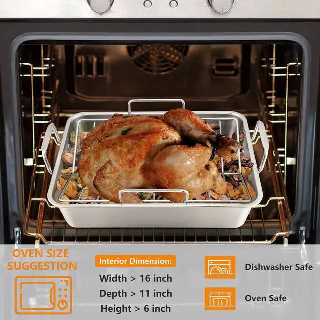 Alt view image 4 of 7 - LIANYU 14 Inch Roasting Pan, Turkey Roaster with 2 Racks, Heavy Duty Stainless Steel Deep Broiling Lasagna Pan for Turkey, Chicken, Dishwasher Safe