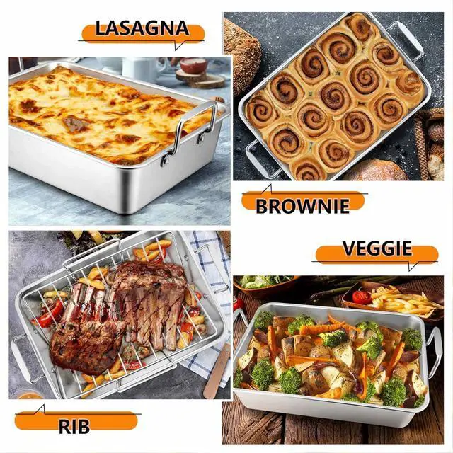 Alt view image 6 of 7 - LIANYU 14 Inch Roasting Pan, Turkey Roaster with 2 Racks, Heavy Duty Stainless Steel Deep Broiling Lasagna Pan for Turkey, Chicken, Dishwasher Safe