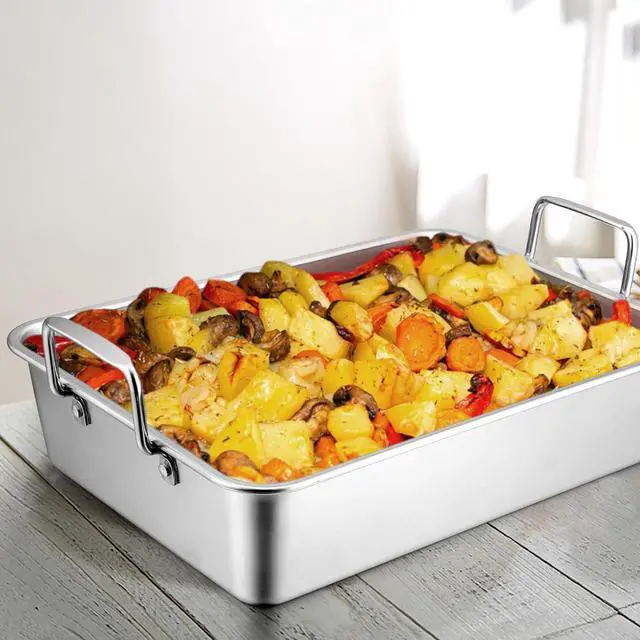 Alt view image 7 of 7 - LIANYU 14 Inch Roasting Pan, Turkey Roaster with 2 Racks, Heavy Duty Stainless Steel Deep Broiling Lasagna Pan for Turkey, Chicken, Dishwasher Safe