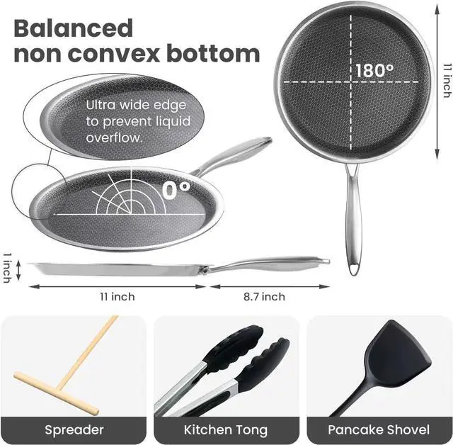 Alt view image 2 of 7 - Non stick Crepe Pan 11 inch whit spreader, Coating Flat Skillet Pancake Pan, Stainless Steel Hybrid Honeycom Crepe Pan for Pizza Tawa Dosa Tortilla Griddle Pan, PFOA Free, Stay-cool Handle All Stov