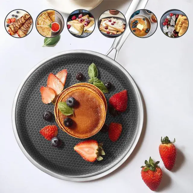 Alt view image 5 of 7 - Non stick Crepe Pan 11 inch whit spreader, Coating Flat Skillet Pancake Pan, Stainless Steel Hybrid Honeycom Crepe Pan for Pizza Tawa Dosa Tortilla Griddle Pan, PFOA Free, Stay-cool Handle All Stov