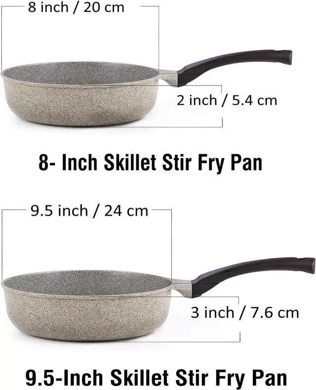 Alt view image 2 of 5 - Cook N Home Nonstick Saute Skillet Pans 8 inch + 9.5 inch 2pc Set, Ceramic Marble Coating Deep Frying Pan Wok Stir-Fry Sauté Pan, Earth