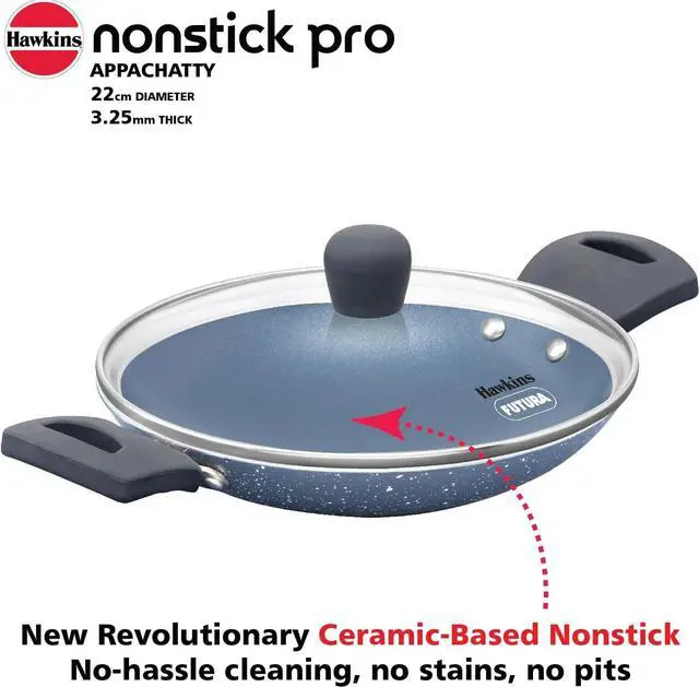 Alt view image 6 of 7 - Hawkins Nonstick Pro 0.9 Litre Appachatty, Mini Kadhai, Appachatti, Appachetty, Appam Pot Maker, Deep Fry Pan with Glass Lid, Granite Kadai