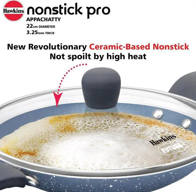 Alt view image 4 of 7 - Hawkins Nonstick Pro 0.9 Litre Appachatty, Mini Kadhai, Appachatti, Appachetty, Appam Pot Maker, Deep Fry Pan with Glass Lid, Granite Kadai