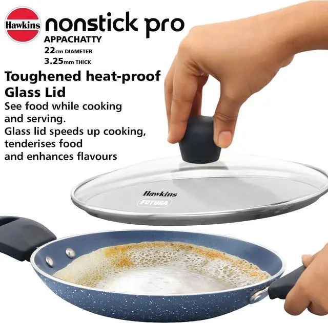 Alt view image 7 of 7 - Hawkins Nonstick Pro 0.9 Litre Appachatty, Mini Kadhai, Appachatti, Appachetty, Appam Pot Maker, Deep Fry Pan with Glass Lid, Granite Kadai