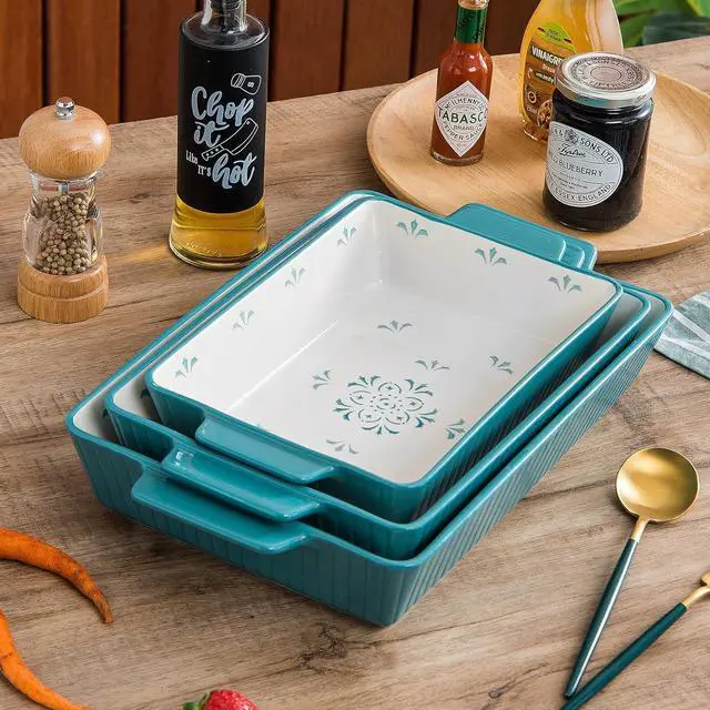 Alt view image 3 of 6 - Baking Dishes Ceramic Casserole Dish 13x9inch Baking Dish 3pcs Bakeware Set Nonstick Lassagne Pan Stackable for Kitchen