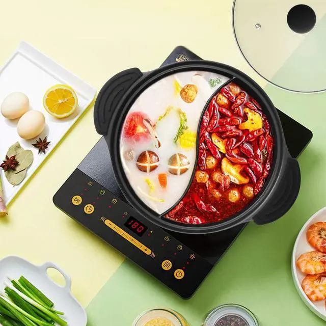 Alt view image 6 of 7 - Hot Pot with Divider for Induction Cooker Dual Sided Soup Cookware Two-flavor Chinese Shabu Shabu Pot for Home Party Family Gathering, 4.5 Quart (Red)