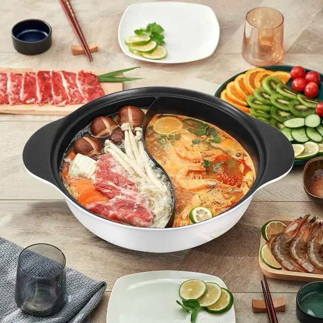 Alt view image 6 of 7 - Hot Pot with Divider for Induction Cooker Dual Sided Soup Cookware Two-flavor Chinese Shabu Shabu Pot for Home Party Family Gathering, 4.5 Quart (White)