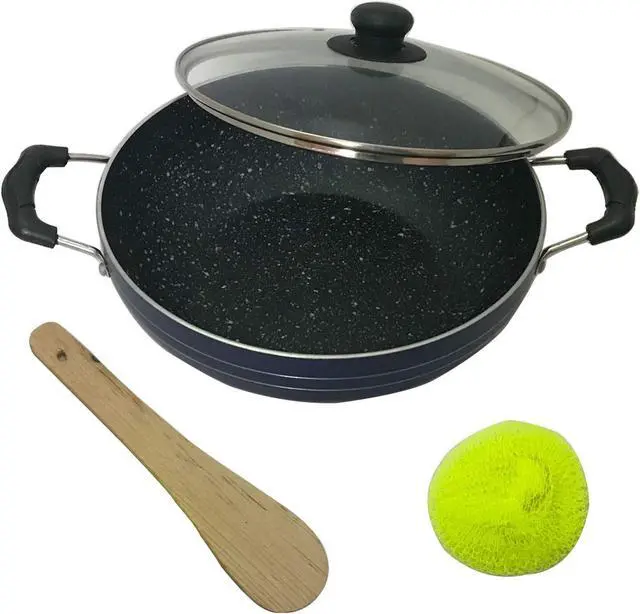Alt view image 4 of 6 - Induction Base Non-Stick Kadai with Glass Lid 240mm Deep Fry Pan Kadai Indian Kadhai For Roasting Pickling Deep Frying and Sautéing (2.2 Ltr)