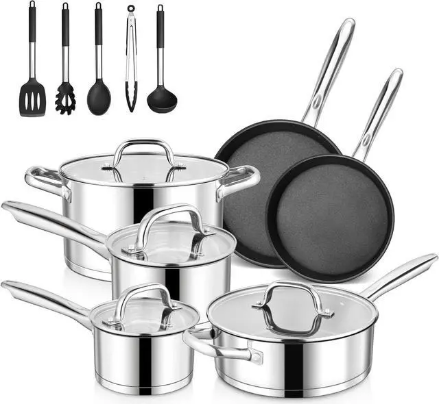 Main image of E-far 15-Piece Stainless Steel Cookware Set, 3-Ply Base Kitchen Pots and Pans Set, Non-toxic Induction Cooking Set Including Nonstick Frying Pan Saucepan, Oven & Dishwasher Safe, All Stoves Compatible