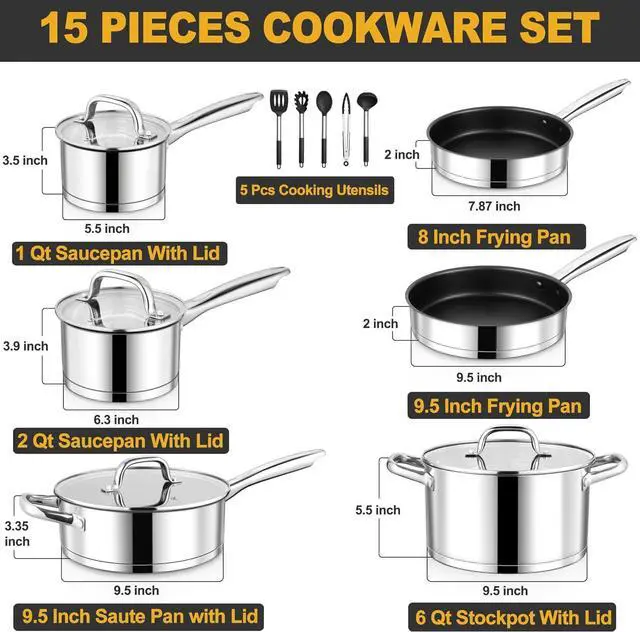 Alt view image 2 of 7 - E-far 15-Piece Stainless Steel Cookware Set, 3-Ply Base Kitchen Pots and Pans Set, Non-toxic Induction Cooking Set Including Nonstick Frying Pan Saucepan, Oven & Dishwasher Safe, All Stoves Compatible