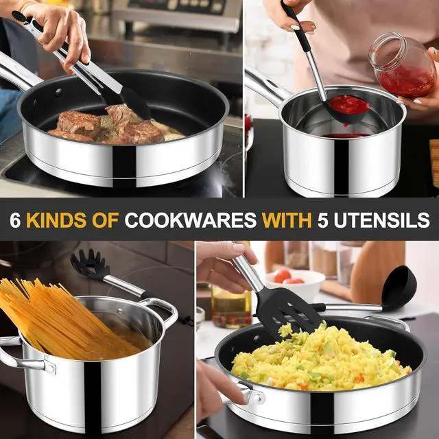Alt view image 5 of 7 - E-far 15-Piece Stainless Steel Cookware Set, 3-Ply Base Kitchen Pots and Pans Set, Non-toxic Induction Cooking Set Including Nonstick Frying Pan Saucepan, Oven & Dishwasher Safe, All Stoves Compatible
