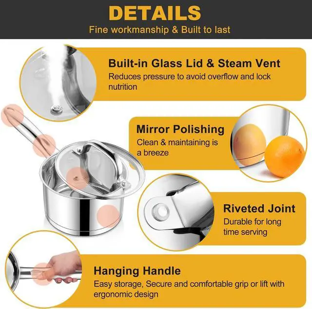 Alt view image 6 of 7 - E-far 15-Piece Stainless Steel Cookware Set, 3-Ply Base Kitchen Pots and Pans Set, Non-toxic Induction Cooking Set Including Nonstick Frying Pan Saucepan, Oven & Dishwasher Safe, All Stoves Compatible