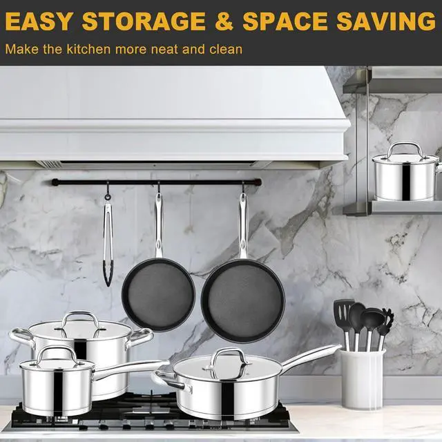 Alt view image 7 of 7 - E-far 15-Piece Stainless Steel Cookware Set, 3-Ply Base Kitchen Pots and Pans Set, Non-toxic Induction Cooking Set Including Nonstick Frying Pan Saucepan, Oven & Dishwasher Safe, All Stoves Compatible