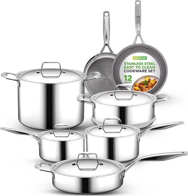 Main image of NutriChef 12-Piece Stainless Steel Kitchenware - Pots & Pans Set Clad Kitchen Cookware w/Steel Handles,Fry Pan Interior Coated w/Prestige Ceramic Non-Stick Coating,Stylish Kitchen Cookware, NCSSX45
