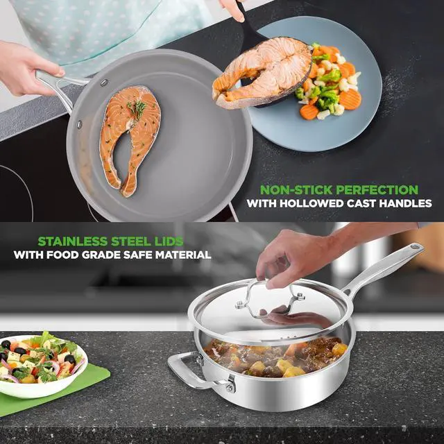 Alt view image 4 of 7 - NutriChef 12-Piece Stainless Steel Kitchenware - Pots & Pans Set Clad Kitchen Cookware w/Steel Handles,Fry Pan Interior Coated w/Prestige Ceramic Non-Stick Coating,Stylish Kitchen Cookware, NCSSX45