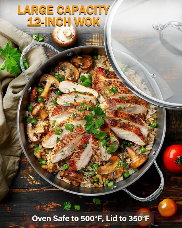 Alt view image 6 of 6 - Cooks Standard Wok Stir Fry Pan with Glass Lid, Classic Stainless Steel 12-Inch/30cm Everyday Chef's Pan, Silver