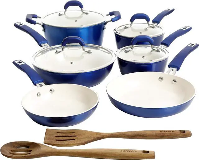 Main image of Kenmore Arlington Nonstick Ceramic Coated Forged Aluminum Induction Cookware with Bakelite Handles, 12-Piece Set, Metallic Blue