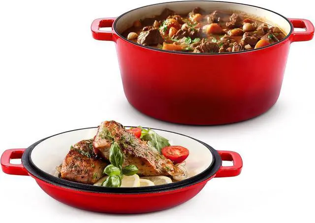 Main image of HaSteeL 2 in 1 Enameled Cast Iron Dutch Oven, 5 QT Pot & 2 Quart Skillet Lid Pan, Non-Stick Cookware Multi Cooker for Bread Baking Cooking Stewing, Suit for All Cooktops, Dual Handles & Oven Safe, Red