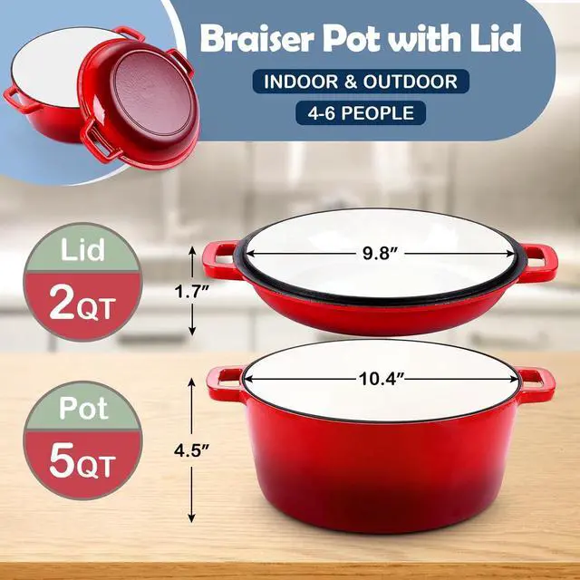 Alt view image 2 of 7 - HaSteeL 2 in 1 Enameled Cast Iron Dutch Oven, 5 QT Pot & 2 Quart Skillet Lid Pan, Non-Stick Cookware Multi Cooker for Bread Baking Cooking Stewing, Suit for All Cooktops, Dual Handles & Oven Safe, Red