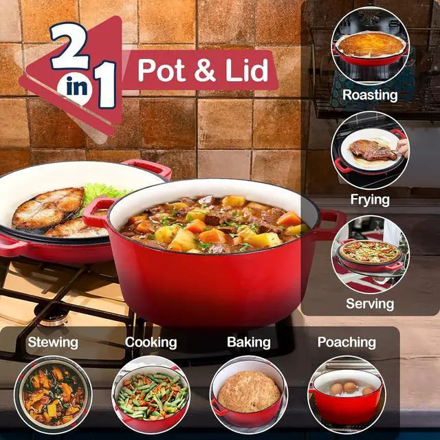 Alt view image 4 of 7 - HaSteeL 2 in 1 Enameled Cast Iron Dutch Oven, 5 QT Pot & 2 Quart Skillet Lid Pan, Non-Stick Cookware Multi Cooker for Bread Baking Cooking Stewing, Suit for All Cooktops, Dual Handles & Oven Safe, Red