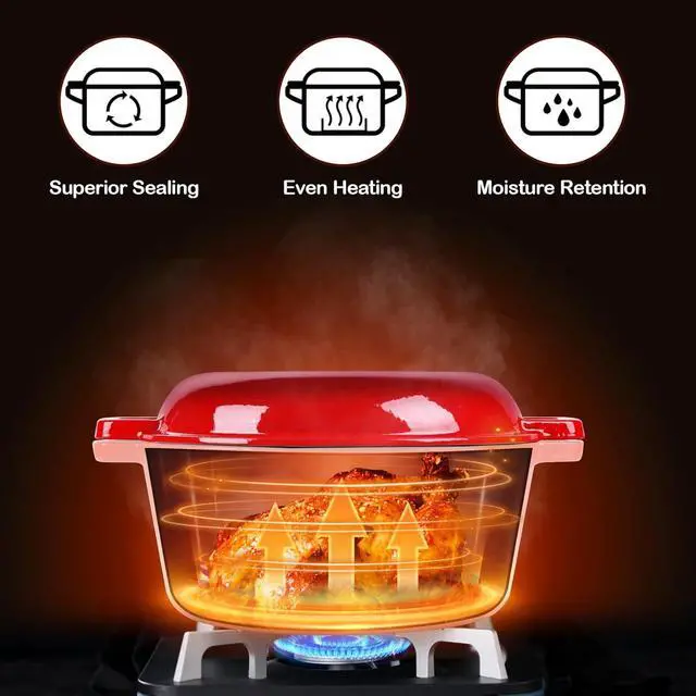 Alt view image 5 of 7 - HaSteeL 2 in 1 Enameled Cast Iron Dutch Oven, 5 QT Pot & 2 Quart Skillet Lid Pan, Non-Stick Cookware Multi Cooker for Bread Baking Cooking Stewing, Suit for All Cooktops, Dual Handles & Oven Safe, Red