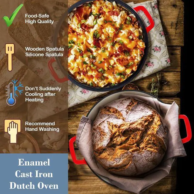 Alt view image 6 of 7 - HaSteeL 2 in 1 Enameled Cast Iron Dutch Oven, 5 QT Pot & 2 Quart Skillet Lid Pan, Non-Stick Cookware Multi Cooker for Bread Baking Cooking Stewing, Suit for All Cooktops, Dual Handles & Oven Safe, Red