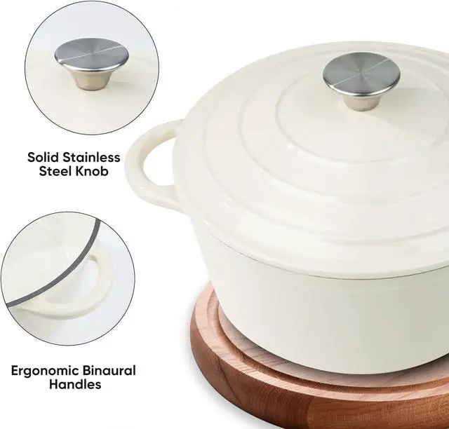 Alt view image 2 of 7 - 6 Quart Enameled Cast Iron Dutch Oven Pot with Lid, Dual Handle for Bread Baking, Pre-Seasoned Cookware, Heavy-Duty, Oven Safe up to 500° F, Non-stick & Applicable All Cookings, Beige