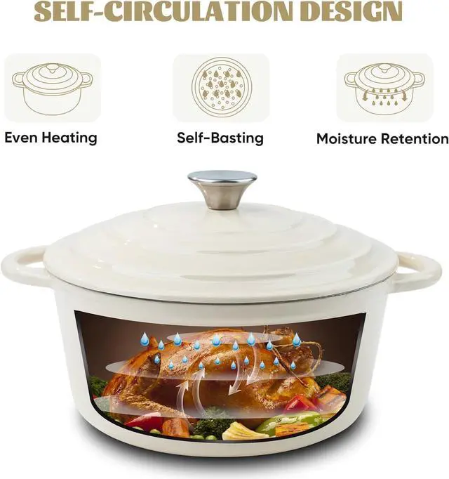 Alt view image 3 of 7 - 6 Quart Enameled Cast Iron Dutch Oven Pot with Lid, Dual Handle for Bread Baking, Pre-Seasoned Cookware, Heavy-Duty, Oven Safe up to 500° F, Non-stick & Applicable All Cookings, Beige