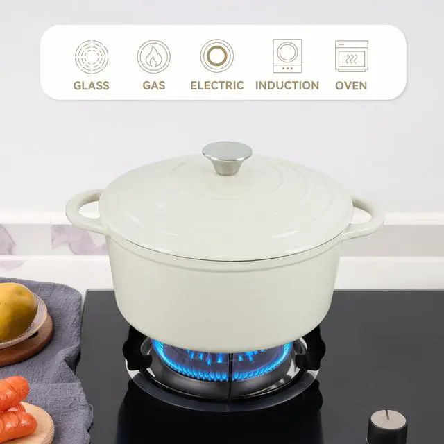 Alt view image 4 of 7 - 6 Quart Enameled Cast Iron Dutch Oven Pot with Lid, Dual Handle for Bread Baking, Pre-Seasoned Cookware, Heavy-Duty, Oven Safe up to 500° F, Non-stick & Applicable All Cookings, Beige