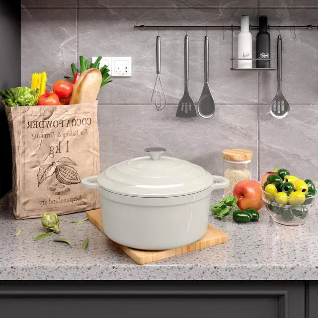 Alt view image 6 of 7 - 6 Quart Enameled Cast Iron Dutch Oven Pot with Lid, Dual Handle for Bread Baking, Pre-Seasoned Cookware, Heavy-Duty, Oven Safe up to 500° F, Non-stick & Applicable All Cookings, Beige