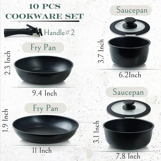 Alt view image 2 of 7 - Moss & Stone 10pcs Black Pots and Pans Set Non Stick, Cookware Sets Detachable Handle, RV Kitchen Set Removable Handle, Oven Safe, Induction Ready, Stackable Non-stick Set, Camping Cookware Set