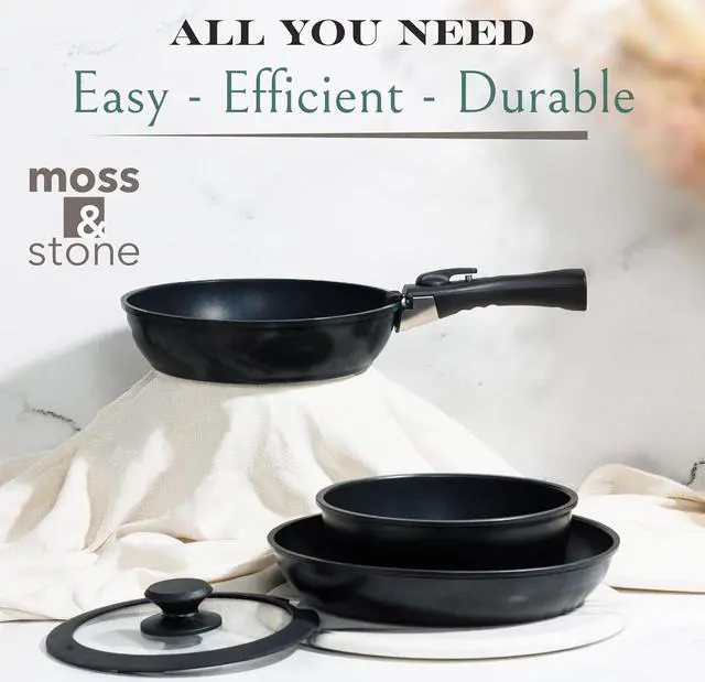 Alt view image 3 of 7 - Moss & Stone 10pcs Black Pots and Pans Set Non Stick, Cookware Sets Detachable Handle, RV Kitchen Set Removable Handle, Oven Safe, Induction Ready, Stackable Non-stick Set, Camping Cookware Set