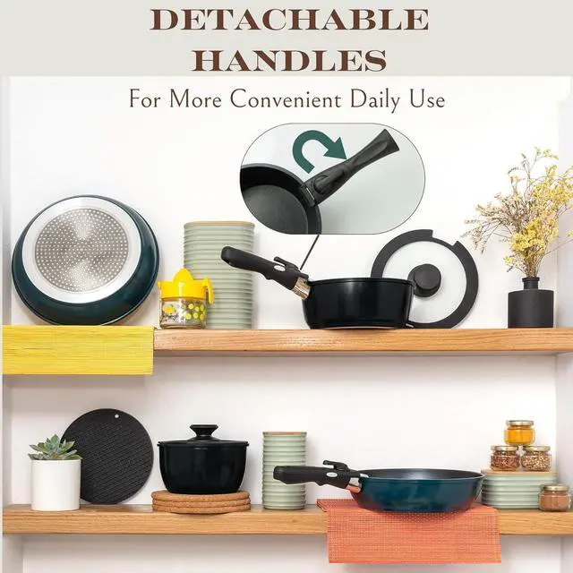 Alt view image 5 of 7 - Moss & Stone 10pcs Black Pots and Pans Set Non Stick, Cookware Sets Detachable Handle, RV Kitchen Set Removable Handle, Oven Safe, Induction Ready, Stackable Non-stick Set, Camping Cookware Set