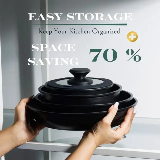 Alt view image 7 of 7 - Moss & Stone 10pcs Black Pots and Pans Set Non Stick, Cookware Sets Detachable Handle, RV Kitchen Set Removable Handle, Oven Safe, Induction Ready, Stackable Non-stick Set, Camping Cookware Set
