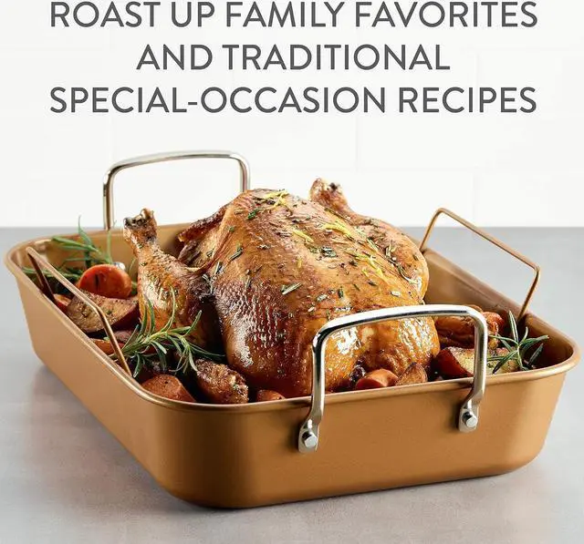 Alt view image 2 of 7 - Ayesha Curry Nonstick Roaster / Roasting Pan with Rack - 11 Inch x 15 Inch, Brown