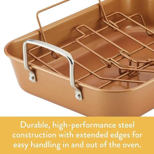 Alt view image 3 of 7 - Ayesha Curry Nonstick Roaster / Roasting Pan with Rack - 11 Inch x 15 Inch, Brown