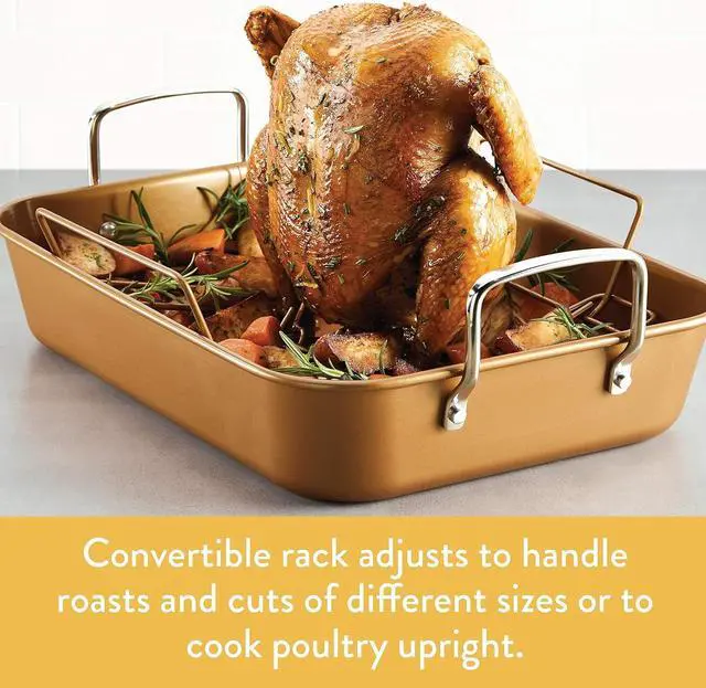 Alt view image 4 of 7 - Ayesha Curry Nonstick Roaster / Roasting Pan with Rack - 11 Inch x 15 Inch, Brown
