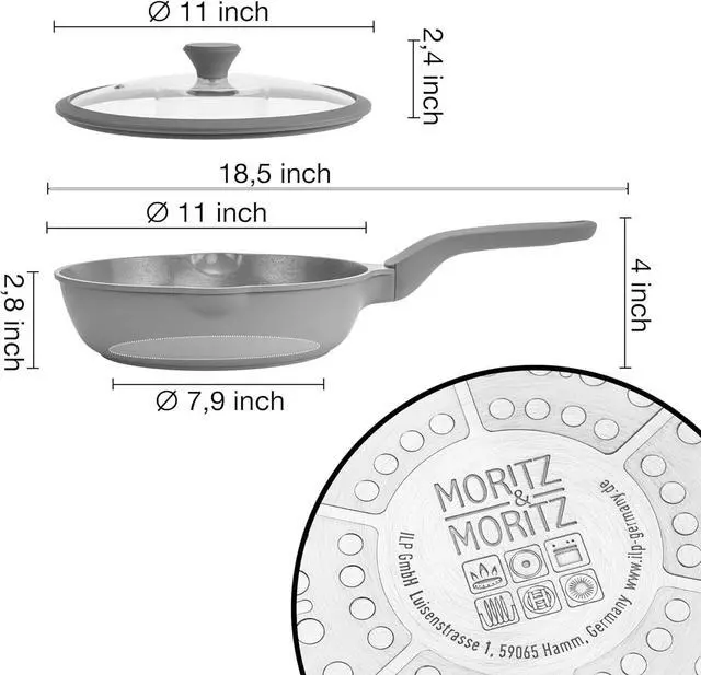 Alt view image 2 of 7 - Moritz & Moritz 11-inch Frying Pan with Lid Gray - Non-stick Coated, Soft-touch Handle - Ideal for Frying, Braising, and Steaming - Non-Toxic - PFAs Free - Suitable for All Types of Stoves