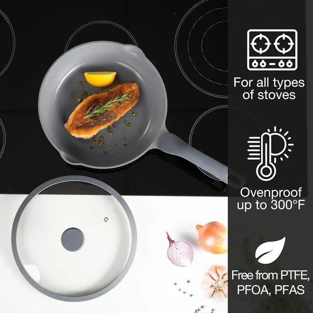 Alt view image 3 of 7 - Moritz & Moritz 11-inch Frying Pan with Lid Gray - Non-stick Coated, Soft-touch Handle - Ideal for Frying, Braising, and Steaming - Non-Toxic - PFAs Free - Suitable for All Types of Stoves