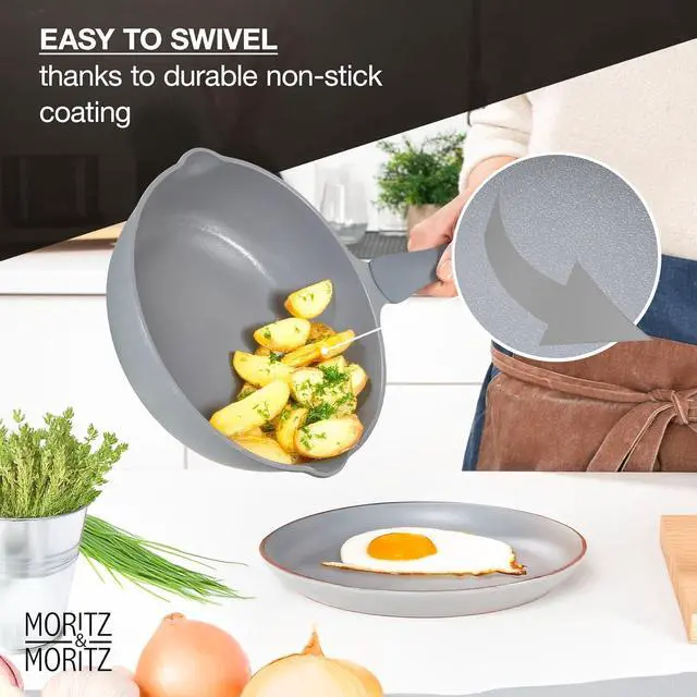 Alt view image 4 of 7 - Moritz & Moritz 11-inch Frying Pan with Lid Gray - Non-stick Coated, Soft-touch Handle - Ideal for Frying, Braising, and Steaming - Non-Toxic - PFAs Free - Suitable for All Types of Stoves