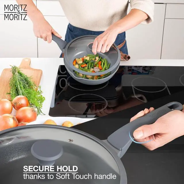 Alt view image 5 of 7 - Moritz & Moritz 11-inch Frying Pan with Lid Gray - Non-stick Coated, Soft-touch Handle - Ideal for Frying, Braising, and Steaming - Non-Toxic - PFAs Free - Suitable for All Types of Stoves