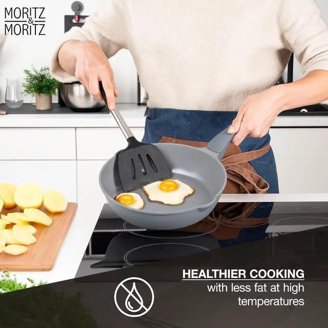 Alt view image 6 of 7 - Moritz & Moritz 11-inch Frying Pan with Lid Gray - Non-stick Coated, Soft-touch Handle - Ideal for Frying, Braising, and Steaming - Non-Toxic - PFAs Free - Suitable for All Types of Stoves