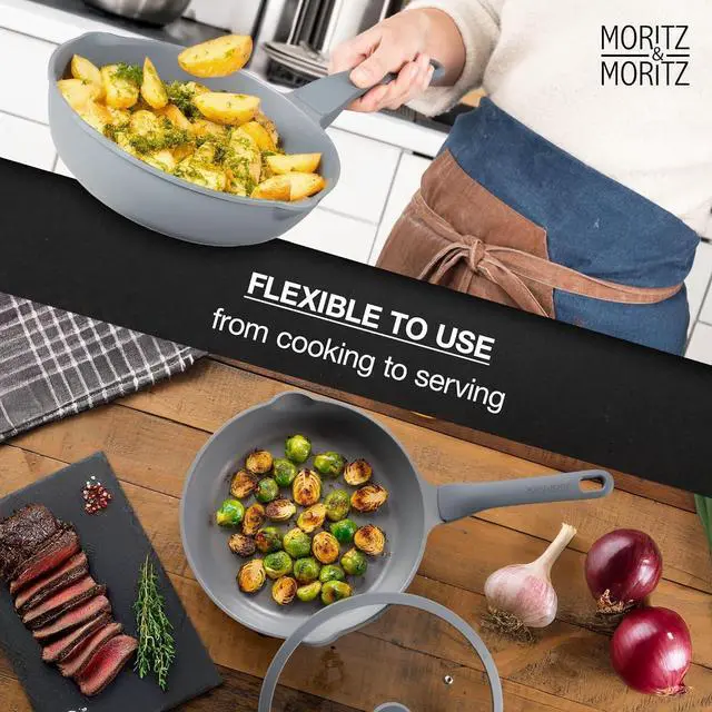 Alt view image 7 of 7 - Moritz & Moritz 11-inch Frying Pan with Lid Gray - Non-stick Coated, Soft-touch Handle - Ideal for Frying, Braising, and Steaming - Non-Toxic - PFAs Free - Suitable for All Types of Stoves