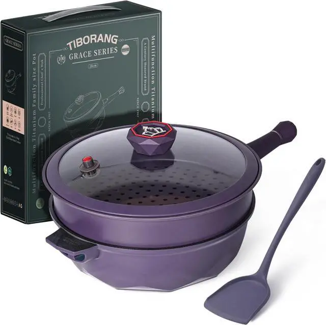 Main image of TIBORANG 8 in 1 Multipurpose 11 Inch 5 Qt Frying Pans Nonstick with Lid,Steamed Grid,PFOA-Free,Dishwasher&Oven Safe,Works with All Stovetops (Purple)