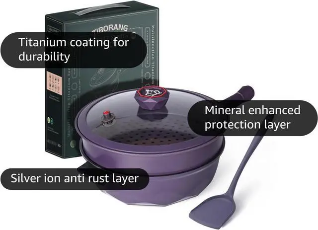Alt view image 4 of 7 - TIBORANG 8 in 1 Multipurpose 11 Inch 5 Qt Frying Pans Nonstick with Lid,Steamed Grid,PFOA-Free,Dishwasher&Oven Safe,Works with All Stovetops (Purple)