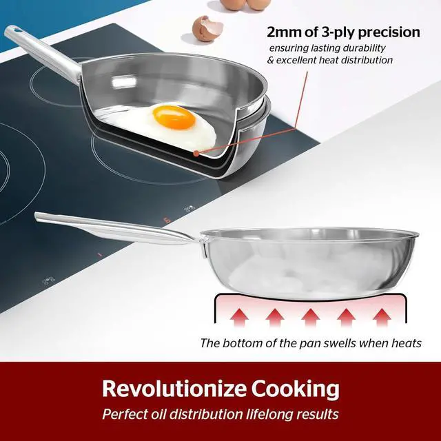 Alt view image 3 of 7 - Sunhouse 18/10 10 Inch Stainless Steel Frying Pan, Whole-Clad No Coatings Skillet with Stay-cool Handle for Cooking, Durable & Oven Safe to 500°F, Dishwasher Safe, Compatible with All Cooktops
